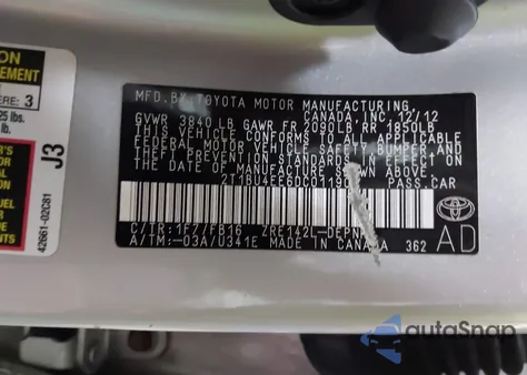 2013 Toyota Corolla Le из США, поврежденный, VIN 2T1BU4EE6DC011900